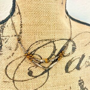 Vintage Silver & Tiger Eye Beaded Double Strand Statement Necklace Boho